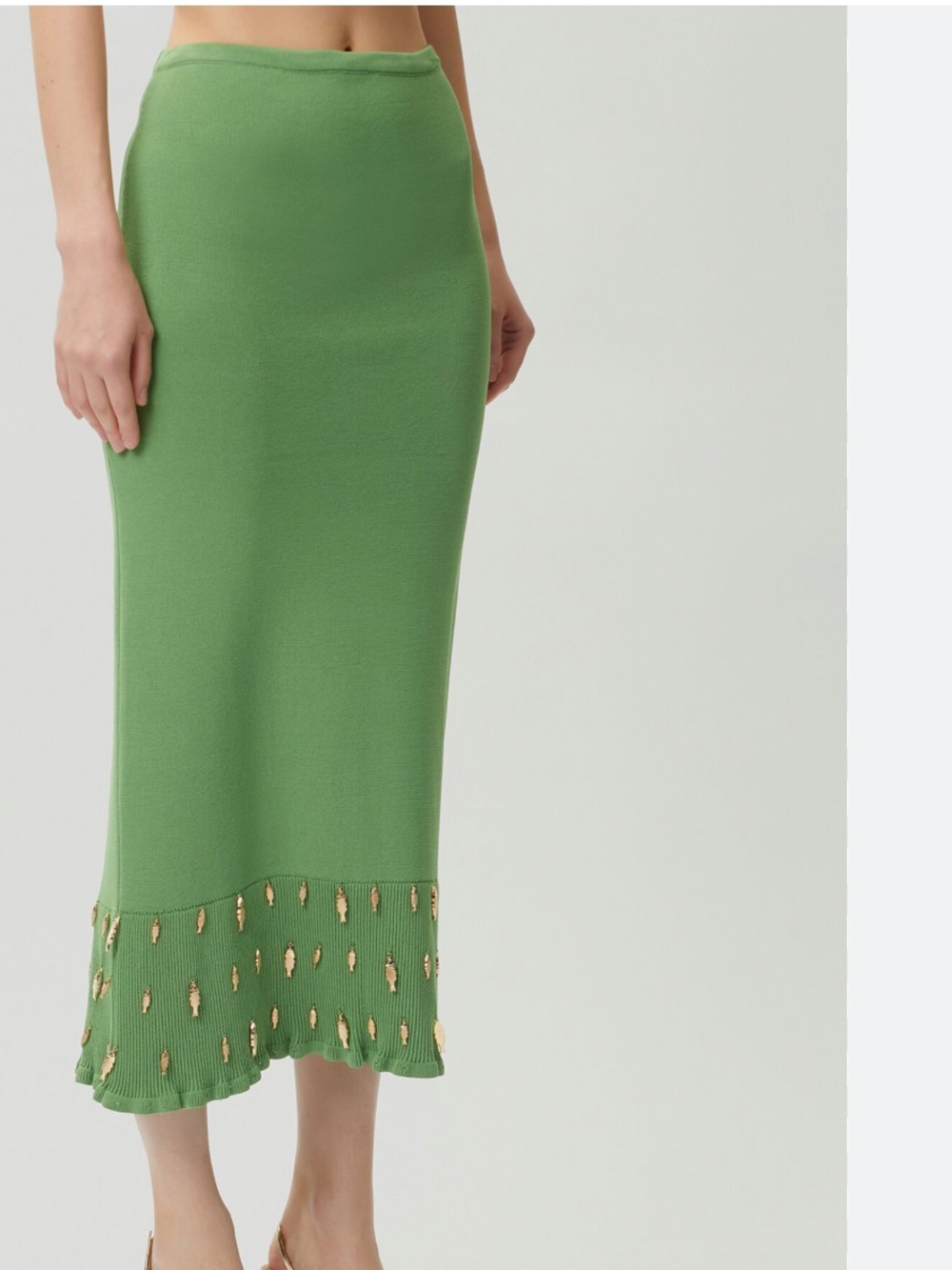SANDRO Green Knit Midi Skirt with Gold Accent